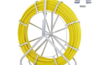 VEVOR Fish Tape Fiberglass, 656 ft, 1/4 inch, Duct Rodder Fishtape Wire Puller, Cable Running Rod with Steel Reel Stand, 3 Pulling Heads, Fishing Tool