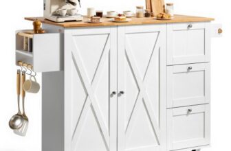 VEVOR Kitchen Island Cart with Solid Wood Top, 45.3″ Width Mobile Carts with Storage Cabinet, Rolling Kitchen Table with Spice Rack, Towel Rack, Drop