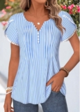 Modlily Blue Striped Patchwork Short Sleeve Split Neck T Shirt – XXL