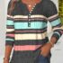 Modlily Blue Striped Button Long Sleeve Split Neck T Shirt – XXL