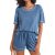 FQFGGYD Women’s One-set Waffle Pajamas Set Crewneck Short Sleeve Top Casual Suit Sportswear Pantsuits 2 Pieces Sweat Shorts Blue